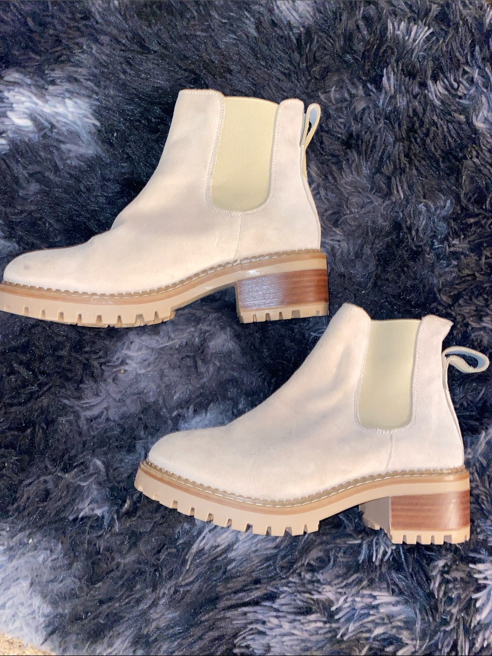 Women's Cream Suede Chelsea Booties with Lug Sole and Stacked Heel